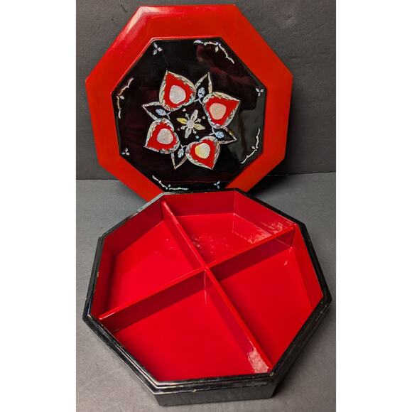 Vtg Mother of Pearl Inlaid Lacquer Wood Box 9.75" Octagon Keepsake Jewelry Decor - Picture 3 of 11